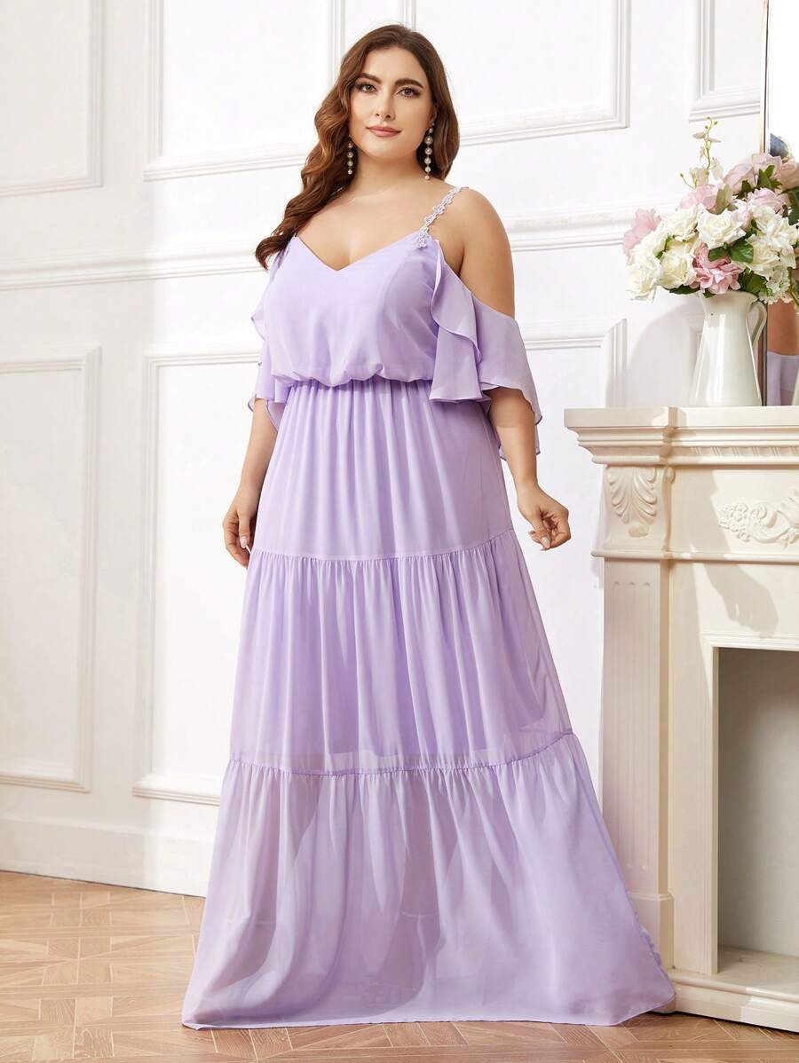 SHEIN Belle Kích thước lớn Của phụ nữ Váy phù dâu Với Hollow-out Vai , Thêu Dây đeo vai , Rộng Hem Và Bọc - Màu tím hoa cà - Xem 1