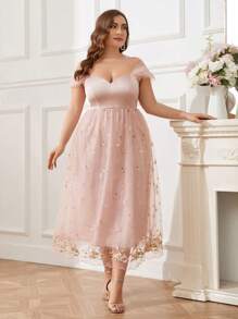 SHEIN Belle Plus Size Nữ Lưới Thêu Hoa Lãng Mạn Ngọt Ngào Công Chúa Puff Dress Tiệc Cocktail Đầm Cô Dâu - Hồng - Xem 7