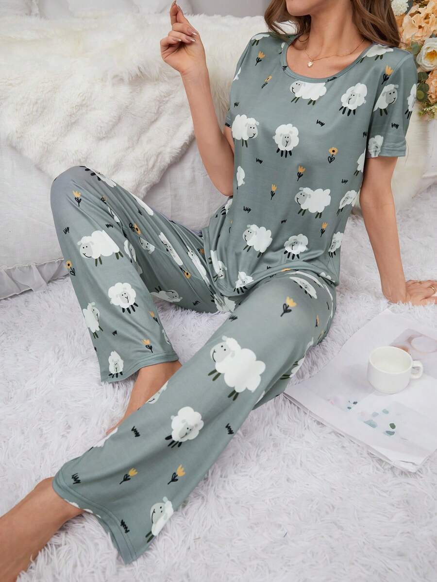 Ensemble Pyjama À Manches Courtes Et Pantalon Avec Motif De Moutons Pour Femme - Vert - Voir 1
