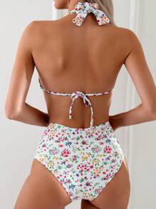 SHEIN Swim 隨機花卉印花打結背部比基尼套裝,嘉年華會 - 彩色 - 查看 2