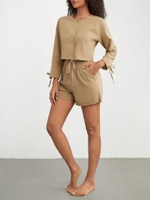 Ocili Leisure Natural Women's Tie Knot Cuff Long Sleeve Top And Shorts Casual Outfit Set-Khaki - Khaki - View 1