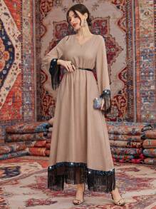 Al Najma Patchwork Sparkly Fringed Rhinestone Decor Dress