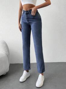 EURMUSE Straight Leg High Waisted Denim Pants - Dark Wash - View 3