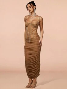 Vestido ajustado con diseño de diamante de imitación fruncido - Caqui - Ver 4