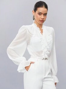 BizChic Women's Autumn Ruffle Hem Long Sleeve Blouse, Urban Commute Office Business Casual Elegant Lady Formal Shirt Top - White - View 5