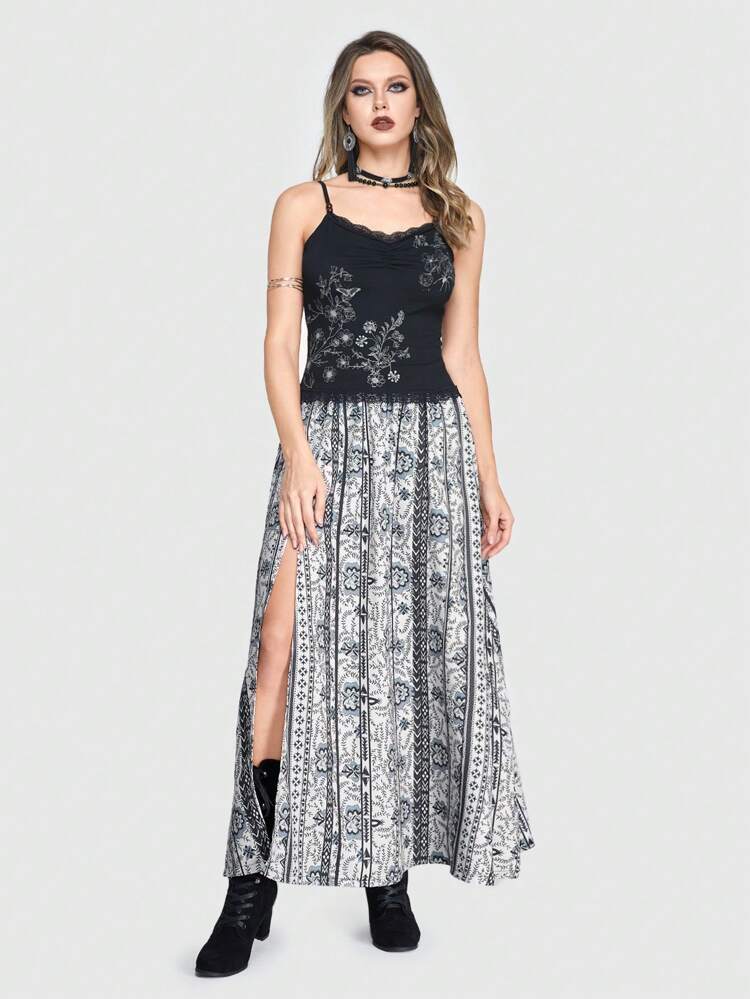 Bohemian Gothic Style Full Print High Slit Women's Skirt