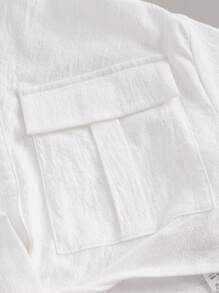 SHEIN EZwear Summer Going Out Tweaking In The Front Flap Pocket Drop Shoulder Crop White Shirt,Short Sleeve Tops