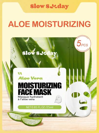 SlowSunday 5PCS Aloe Vera Face Mask, Natural Plant Extract Series,Hydrating, Moisturizing,Anti-Aging,Brighting,Soothing,Korean Mask, For Woman,Men, Hydrates And Nourishes, Deeply Hydrates And Soothes Skin, K Beauty, Ideal For Party