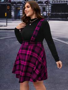 SHEIN Essnce 大尺碼女款圓領長袖t恤和方格背帶短褲套裝 - 玫紅色 - 查看 5