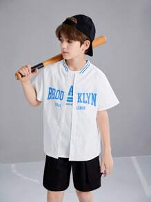 SHEIN Tween Boys' Loose Casual Round Neck Letter Pattern Short-Sleeved T-Shirt Shirt Shorts Three-Piece Set - White - View 5