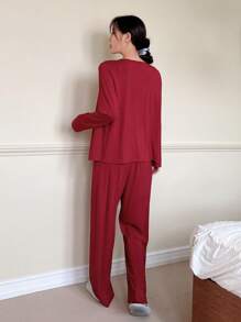 DAZY 3pcs Pleated Detail Cami Top, Long Sleeve Robe And Pants Homewear Lounge Set, Fall Winter Clothes Pajama, Cozy Outfit - Red - View 2