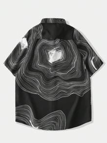 ROMWE MEN Street Life Men Graphic Print Button Up Shirt, School - Black - View 2