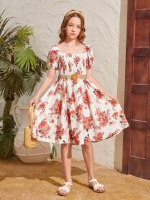 Cô gái Dệt In hoa Hình vuông Đường viền cổ áo Ống tay áo Đầm - Hồng - Xem 4