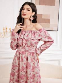 Modelyn Women'S Floral Printed Off Shoulder Ruffle Trim Decorated Shift Dress With Lantern Sleeves - Pink - View 5