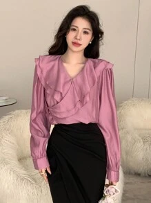 DAZY Solid Color Loose Long Sleeve Shirt With Ruffle Trim For Women - Hot Pink - View 1