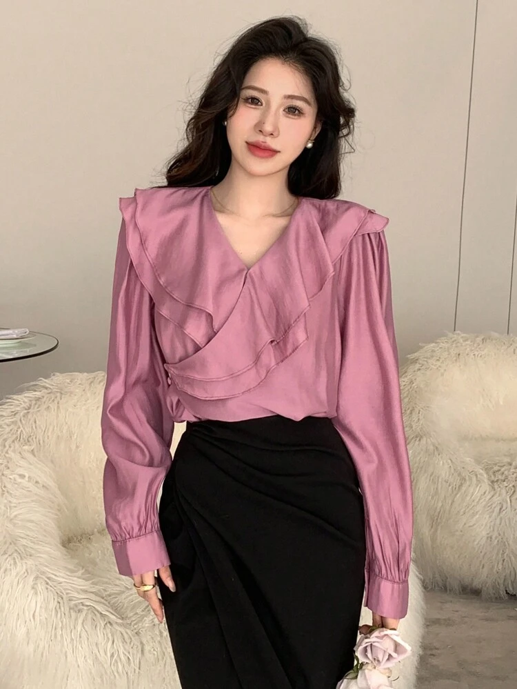 Solid Color Loose Long Sleeve Shirt With Ruffle Trim For Women