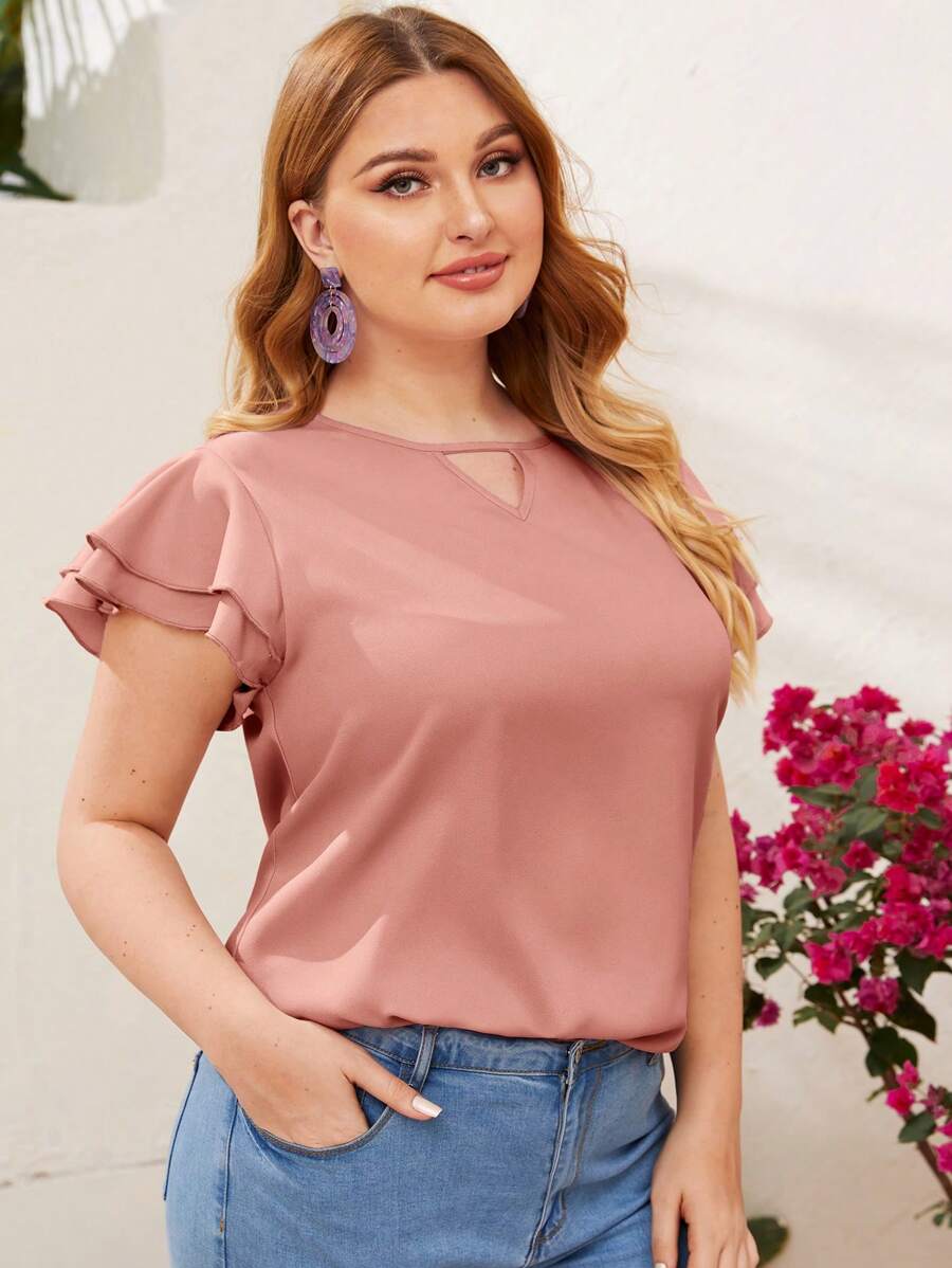 Reflora 大尺寸純色荷葉邊梭織襯衫 - 藕粉色 - 查看 1