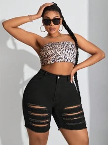 SHEIN SXY Plus Size Women'S Stretchy Denim Distressed Sexy Shorts, Slim Fit