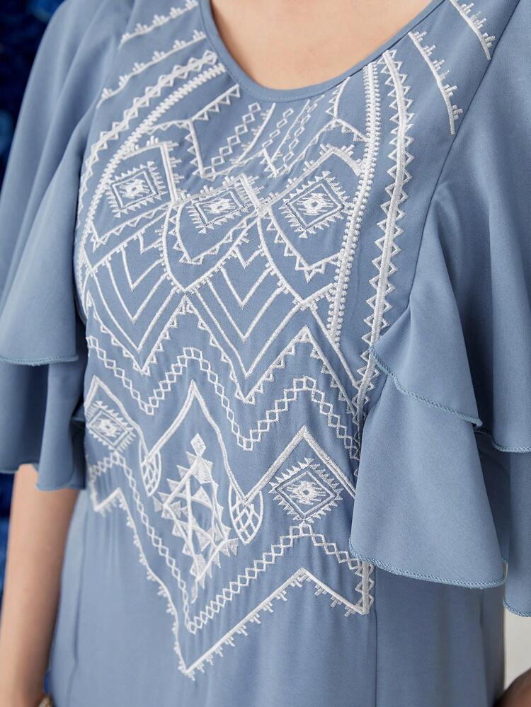 Women's Geometric Embroidery Patchwork Ruffle Trim Dress