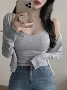 DAZY Áo thun dài tay có họa tiết gân và áo yếm dành cho nữ - Xám - Xem 4