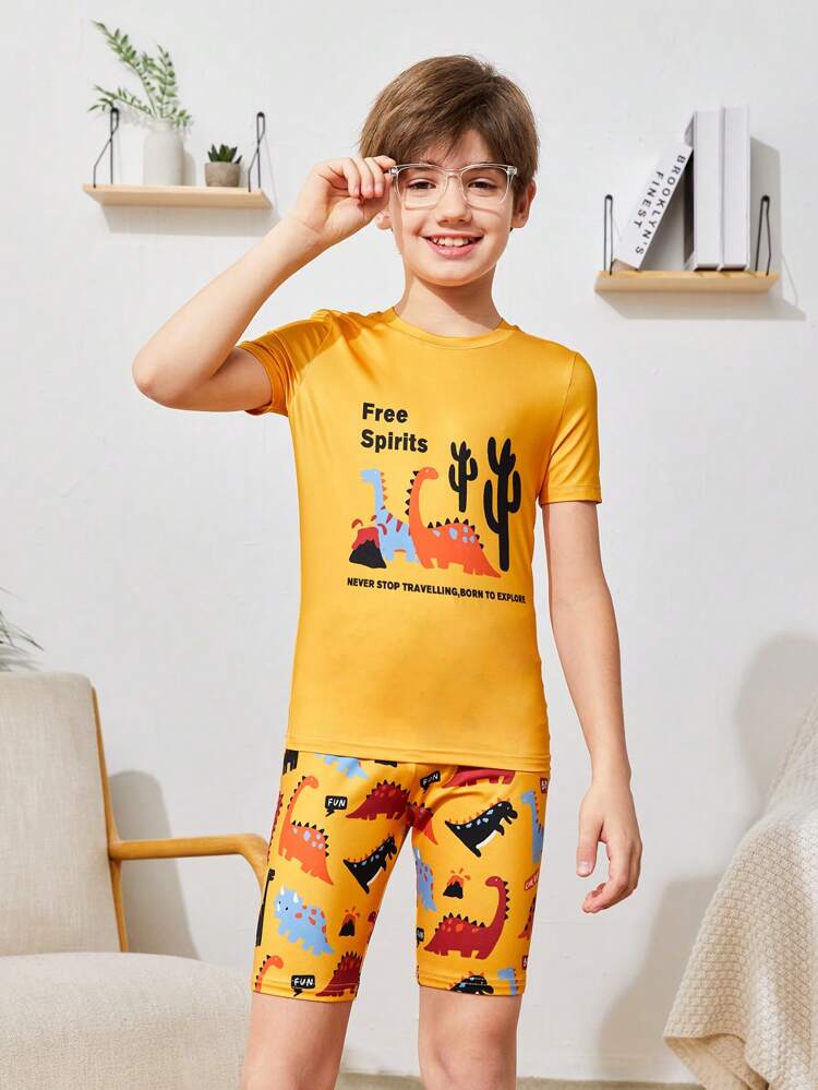 Tween Boy Casual Round Neck Short Sleeve T-Shirt And Shorts Snug Fit Pajama Set