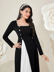 Modelyn Vestido De Mujer Con Aplique De Piedra De Diamante Del Cuello Cuadrado Y Pliegue De Bloque De Color - Blanco y Negro - Ver 7