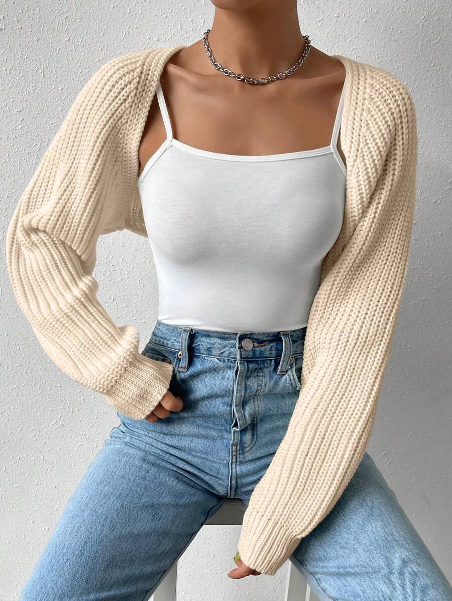 SHEIN EZwear 秋冬纯色百搭无袖开衫,前开襟,长袖上衣 - 杏色 - 查看 1