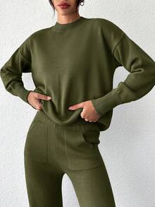EURMUSE Women's Solid Color Round Neck Drop Shoulder Sweater And Pants Set - Khaki - View 6