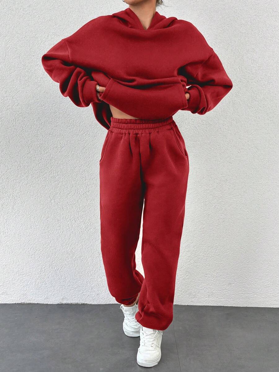 SHEIN Cottnline Ladies' Solid Color Hoodie And Pants Set - Red - View 1