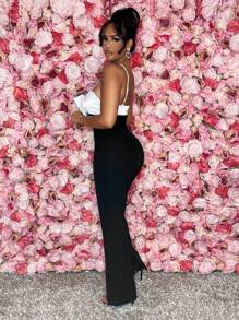 SHEIN SXY Women's Black And White Color Block Bowknot Strap Jumpsuit - White - View 3