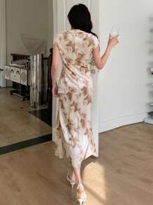 DAZY Mới Phong cách Trung Quốc Hoa Giường đôi Váy chữ A - Màu be - Xem 2