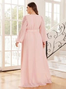 SHEIN Belle 大尺碼女士蕾絲拼接浪漫公主袖伴娘禮服 - 淺粉色 - 查看 6