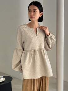 FRIFUL Women's Lantern Sleeve Ruffle Trim Tee, Ruffle