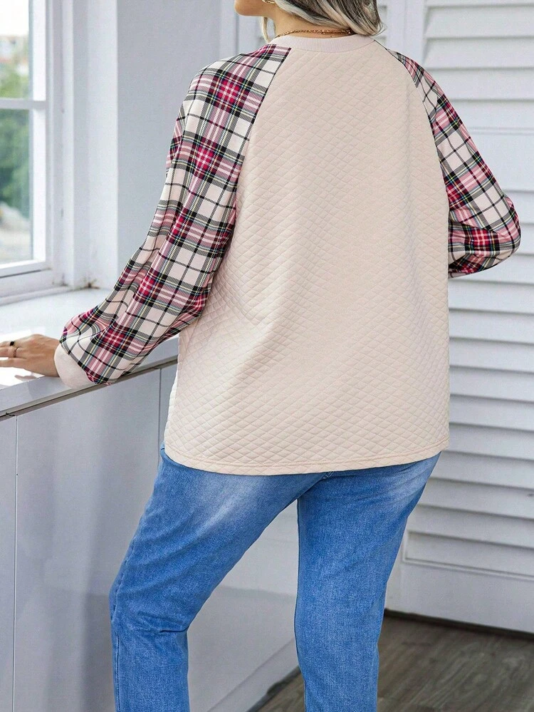 Plus Size Plaid Raglan Sleeve Round Neck Sweatshirt With Needle Thread Detail Pullover Fall Sweatshirt