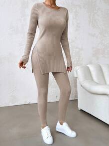EURMUSE Áo thun xẻ gấu và quần legging - Màu be - Xem 4