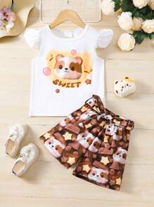 SHEIN Trẻ Cô gái Phim hoạt hình dễ thương Sóc In Áo thun Và Bộ quần short - màu nâu - Xem 1