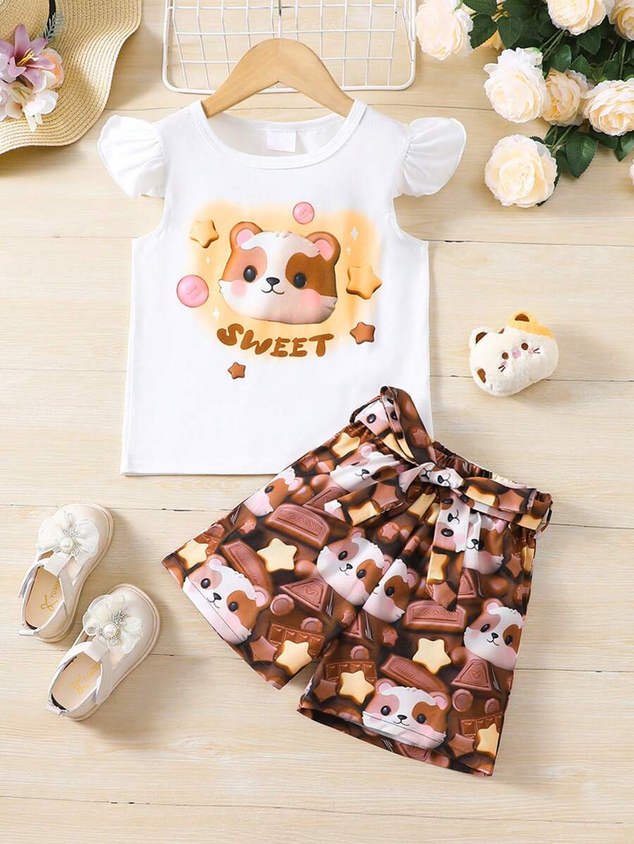 SHEIN Trẻ Cô gái Phim hoạt hình dễ thương Sóc In Áo thun Và Bộ quần short - màu nâu - Xem 1