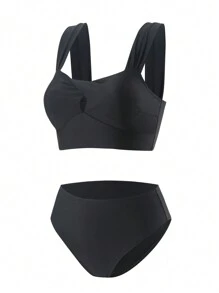 Women's Cross Back Wide Straps Two Pieces Bikini Set Summer Beach - Black - View 7