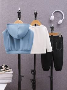 SHEIN Set da 3 pezzi per bambini maschi: felpa girocollo a maniche lunghe in colore unito, e pantaloni con fondo a costine in colore a contrasto, con fodera termica spessa