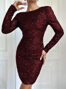 EURMUSE Của phụ nữ Thon gọn Không lưng Kim sa Đầm - Đỏ - Xem 1