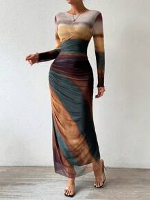Allurite Tie-Dye Long Sleeve Dress Maxi Women Outfit