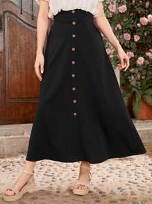 Mulvari Falda Con Botones Delanteros De Color Liso Para Mujer - Negro - Ver 7