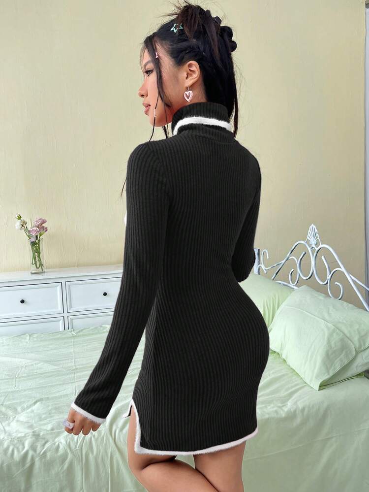 Women's Color Block Fuzzy Panel Cut Out Front Long Sleeve Bodycon Dress