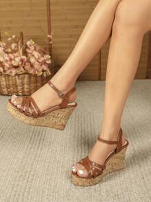 女式楔形高跟平台涼鞋 - 棕色 - 查看 3