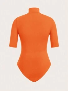 SHEIN BASICS Ladies Solid Color Short Sleeve Bodycon Bodysuit - Orange - View 2