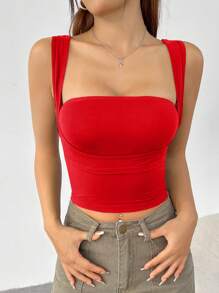 SHEIN EZwear 女士純色針織吊帶上衣 - 紅色 - 查看 5