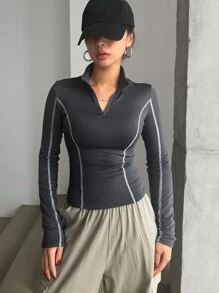 DAZY 修身女式 T 恤，带装饰边饰，立领和半开前襟，秋季服装长袖女式上衣 - 深灰色 - 查看 4