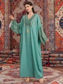 Al Najma Vestido Para Mujeres Con Mangas De Murciélago Y Retales Florales - Verde - Ver 3