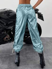 EURMUSE Ladies' Solid Color Metallic Feeling Cargo Pants - Blue - View 4