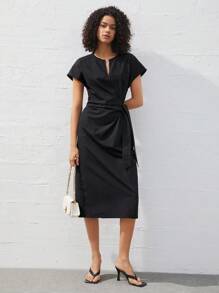 BizChic 女款蝙蝠翼短袖 V 領缺角連身裙 - 黑色 - 查看 9